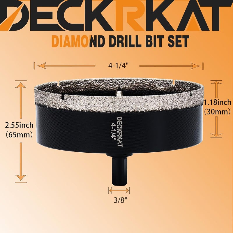 DECKRKAT 4-1/4 inch Diamond Hole-Saw Bits with Pilot Drill Bit -4-1/4" Diamond Tipped Tile Hole Saws with Guiding Bit Accurate Drilling for Porcelain Tile Ceramic Pottery Granite Stone Glass Bottles 110mm. - Image 2